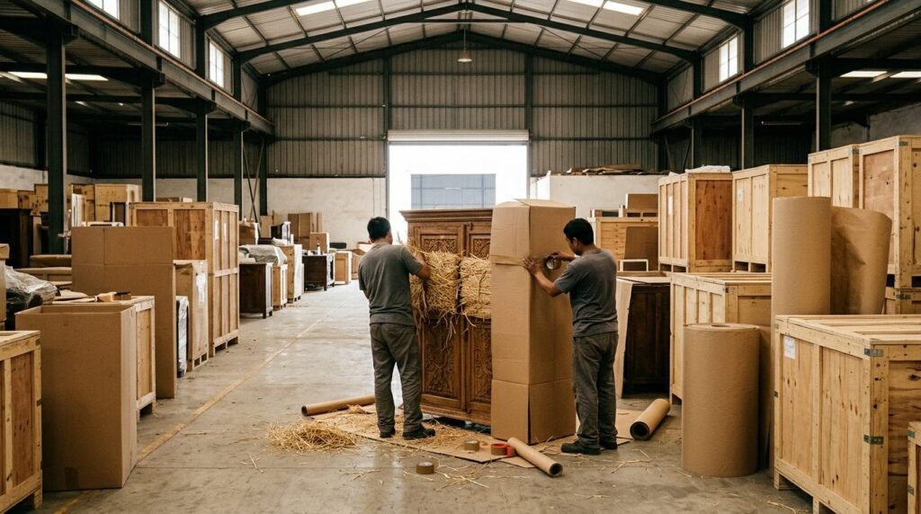 Wooden cabinet wrapped for shipping in a warehouse