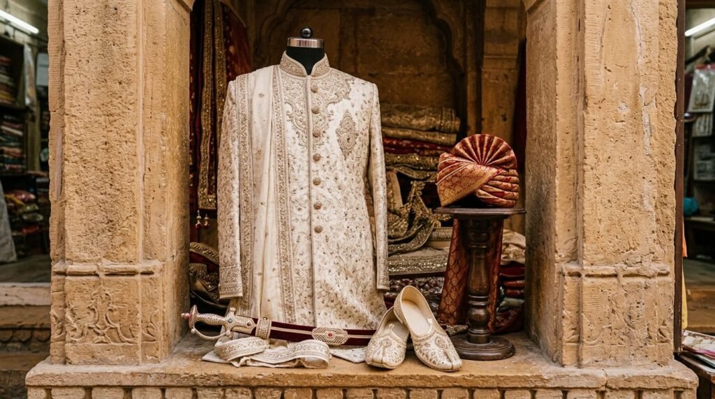 Groom's sherwani, turban and mojari displayed in a shop