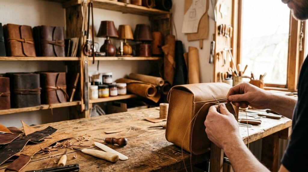Artisan stitching a camel-hide bag by hand