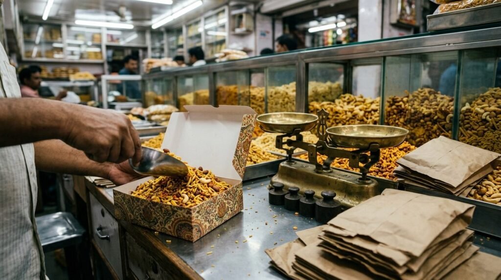 Namkeen mix being scooped into a gift box