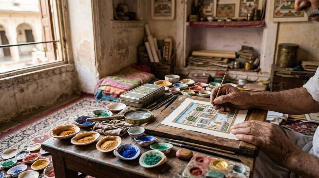 Artist painting a fine miniature with a single-hair brush