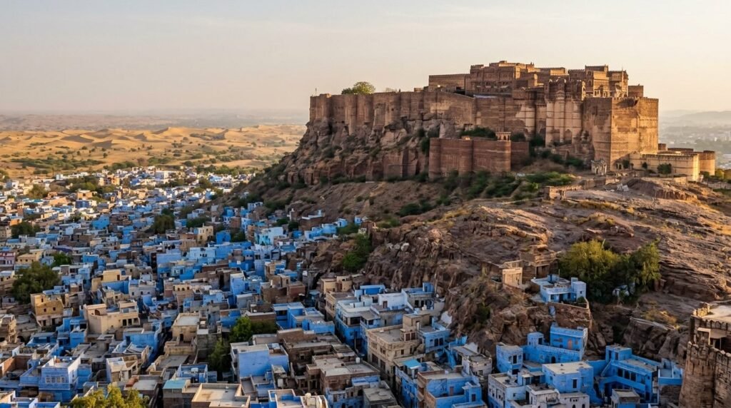 Hilltop fort above blue houses with dunes on the horizon