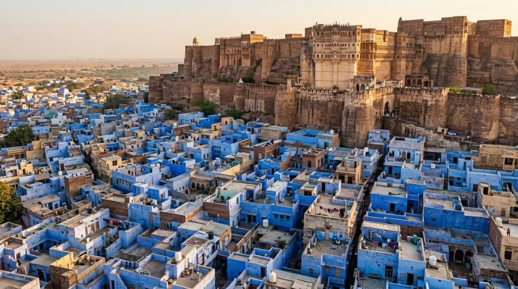 A striking heritage scene of warm sandstone architecture above a dense blue-wash