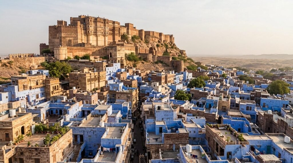 A striking heritage scene of warm sandstone architecture above a dense blue-wash