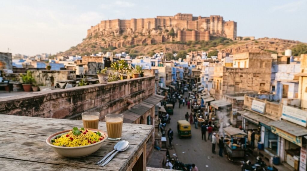 Guesthouse rooftop breakfast overlooking a food street