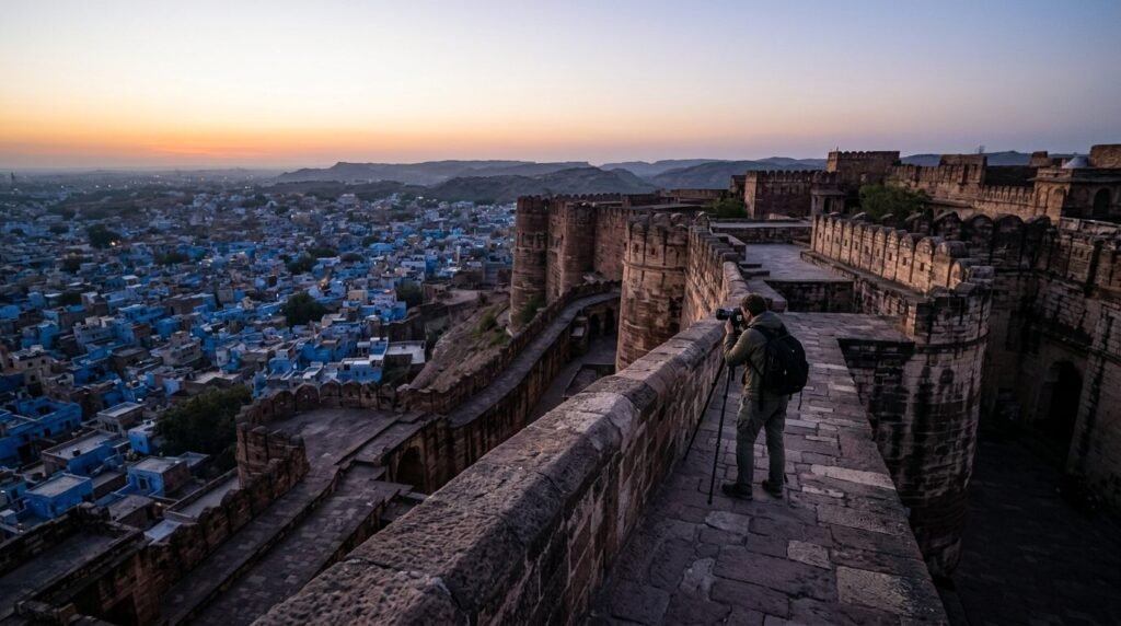 Photographer with a tripod on a rampart at first light