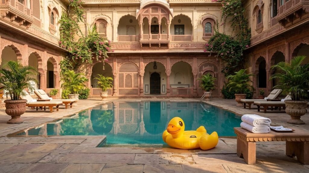 Heritage courtyard pool with a child's float toy at its edge