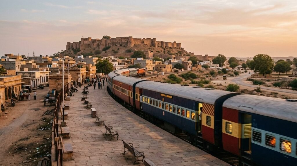 Train departing a station with a fort visible beyond