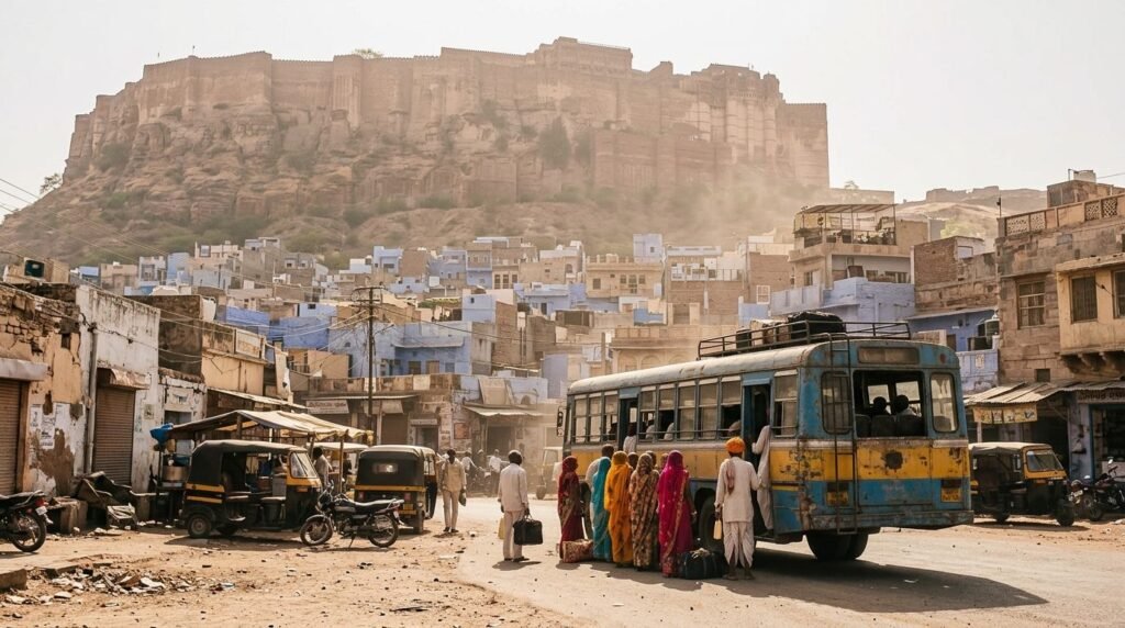 Local city bus with passengers boarding, fort behind