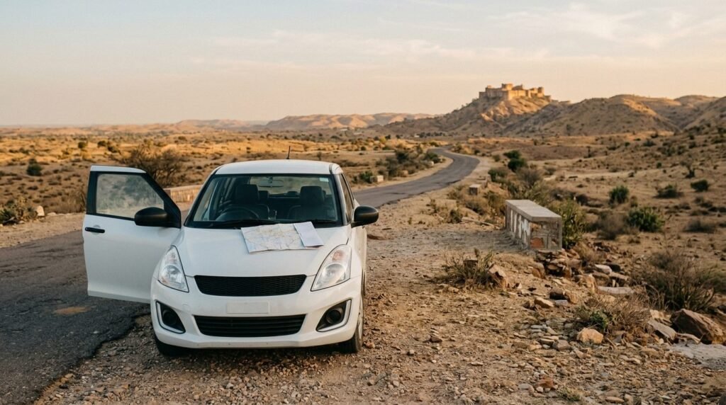 Compact car parked at a fort viewpoint on a desert road