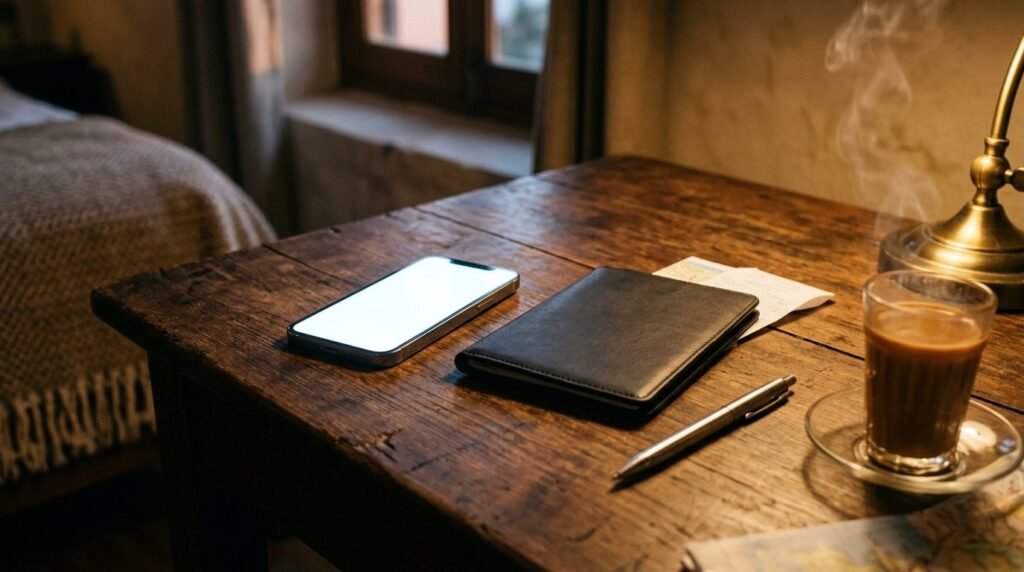 Phone showing a booking form beside passport and chai