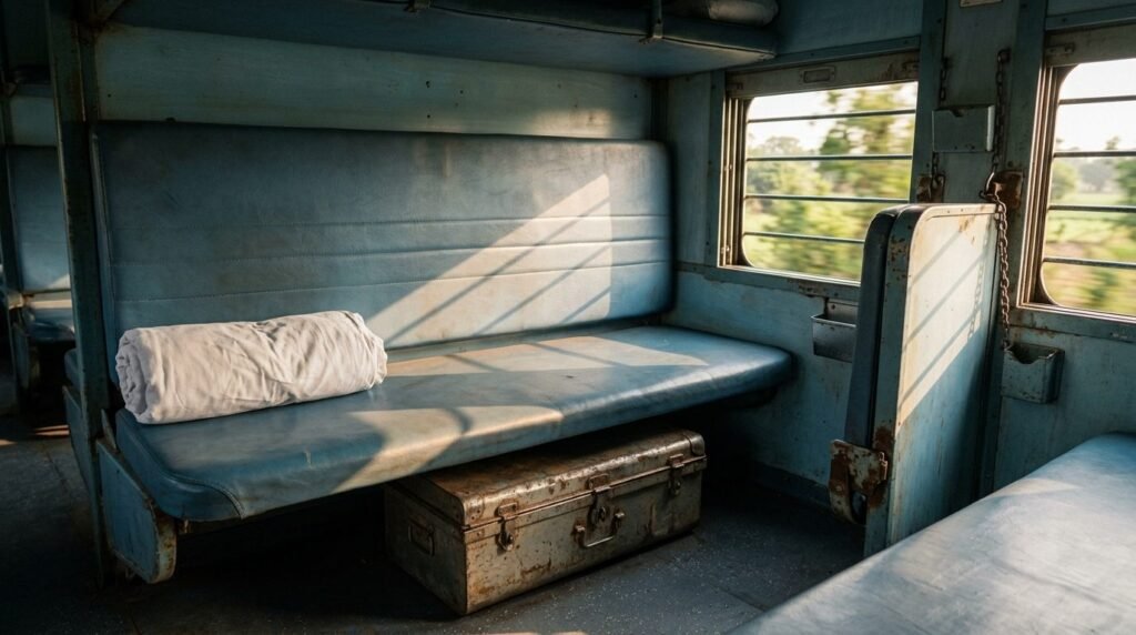 Sleeper-class train berth with bedding and window light