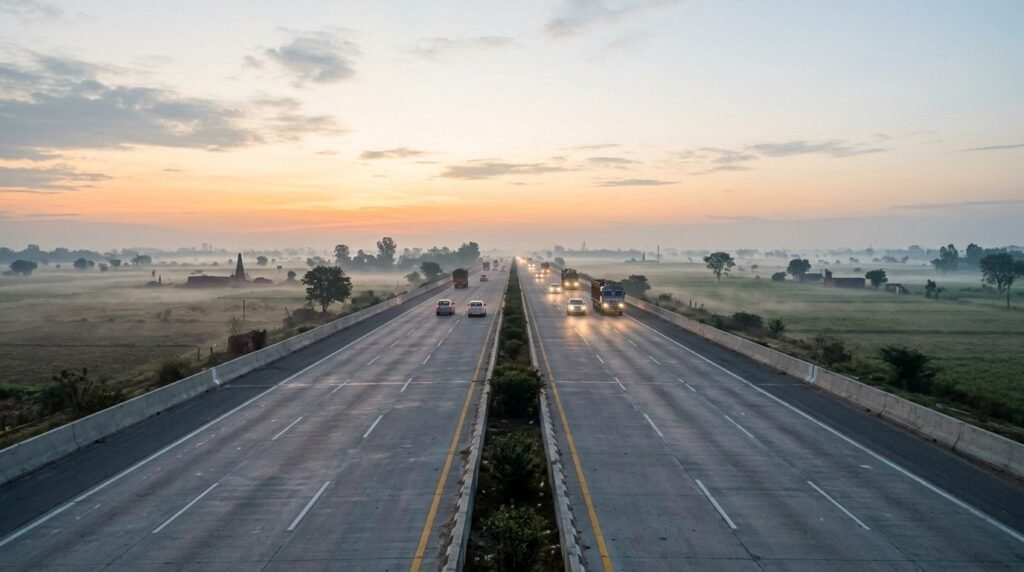 Dawn expressway with truck traffic toward the plains