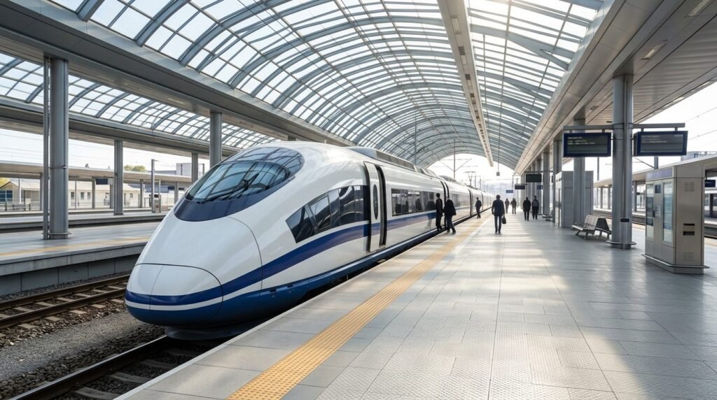 Sleek modern train at a platform with passengers boarding