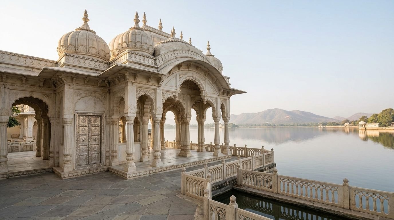 A white marble shrine with carved domes and silver door panels