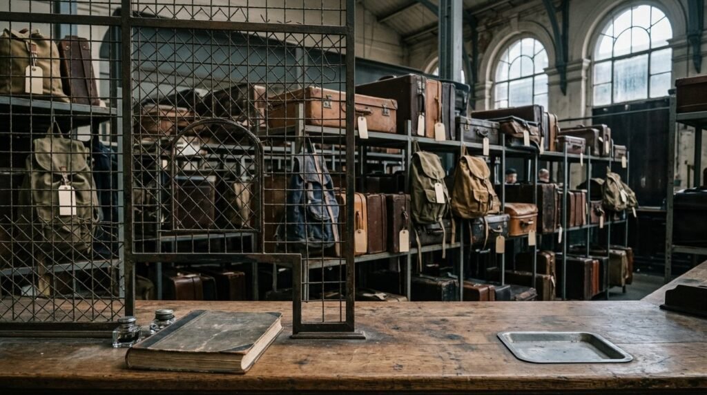 Cloakroom counter with tagged luggage in a row