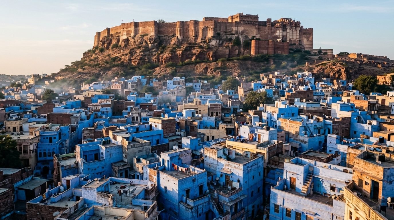Dense blue rooftops with the fort behind, morning light