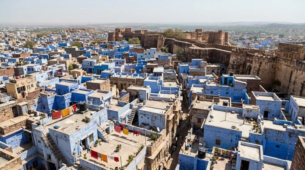 Patchwork of blue rooftops from above with fort walls