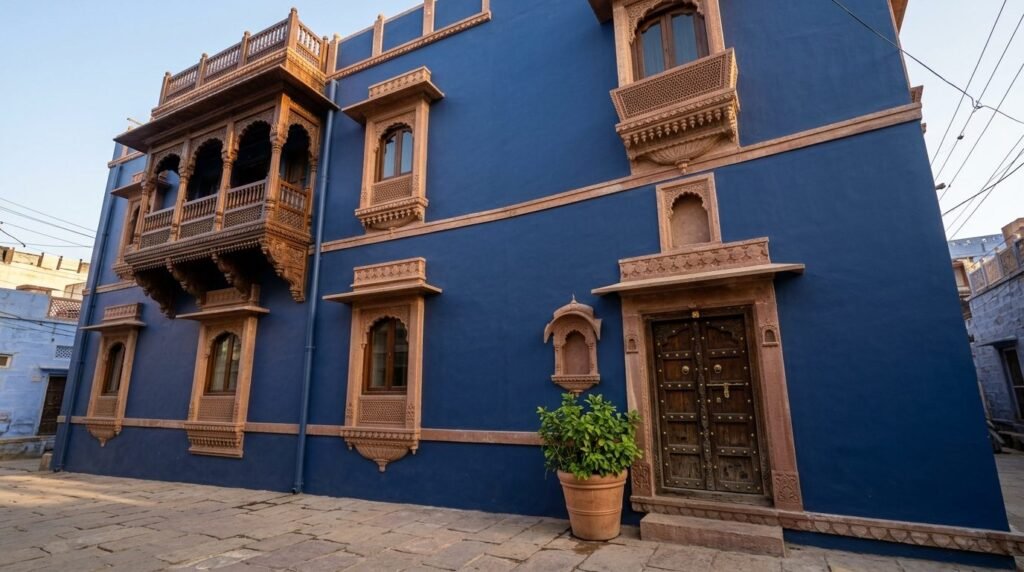 Restored blue haveli with fresh indigo walls and carved balcony