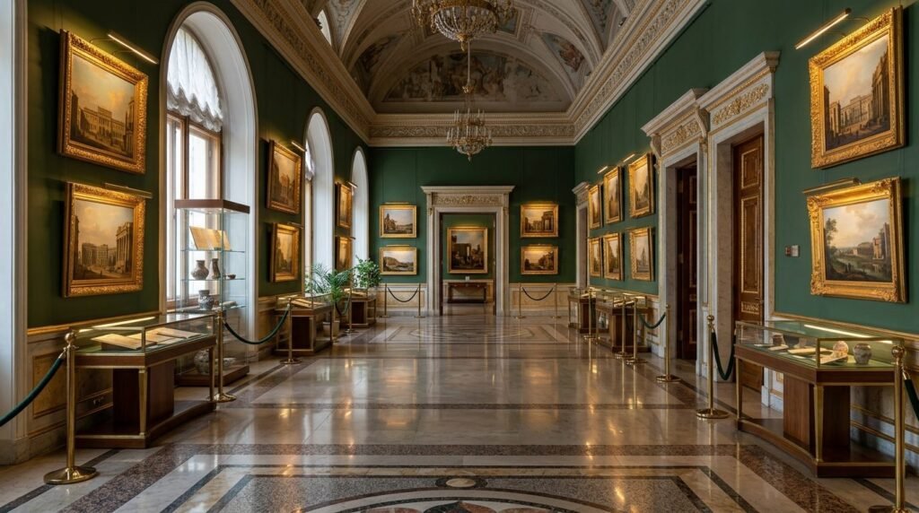 Museum hall of royal portraits and historic manuscripts