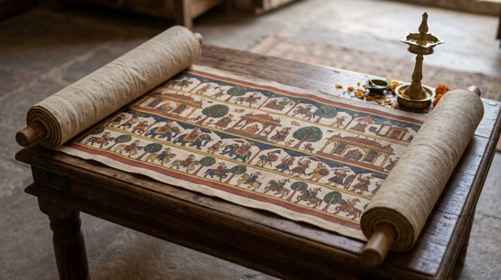 Phad scroll painting with folk-epic figures unrolled