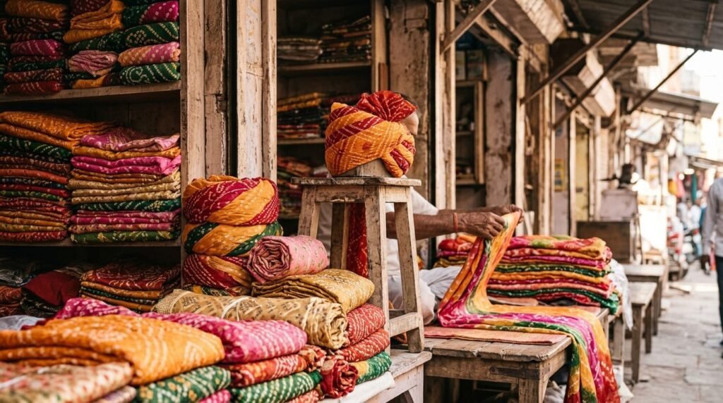 Colourful safa turban cloths stacked at a stall