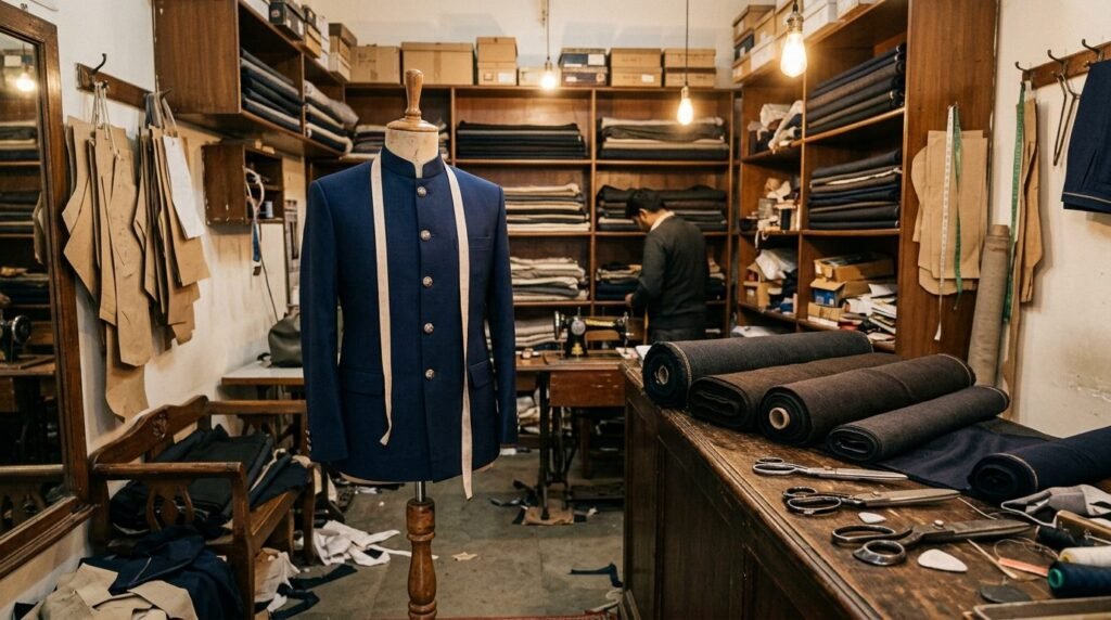 Tailored bandhgala jacket on a tailor-shop mannequin