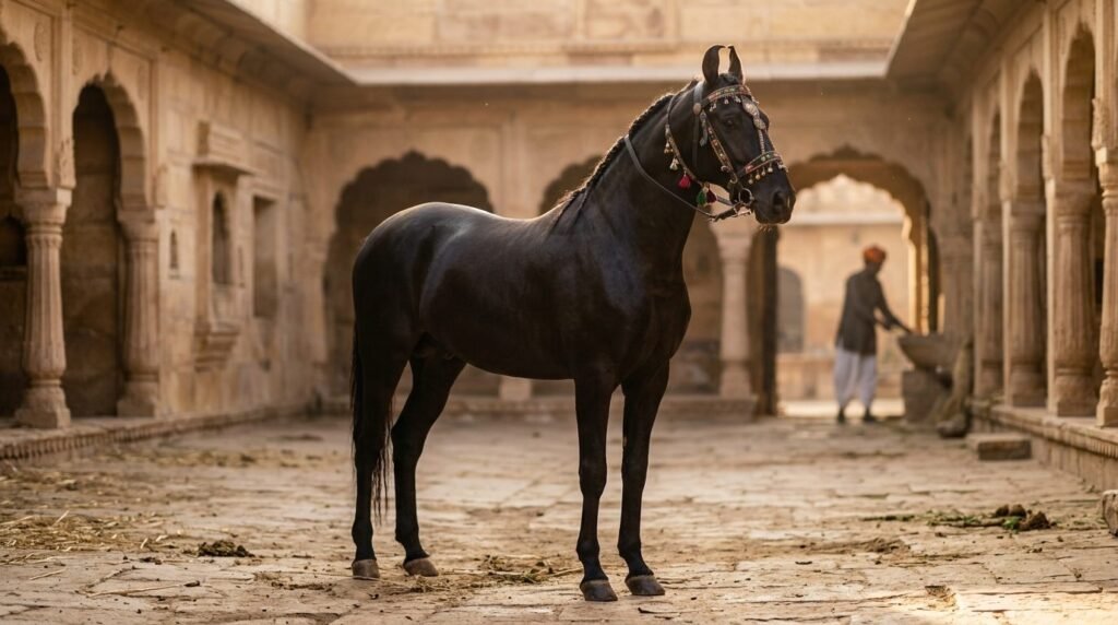 Marwari horse with curved ears at a stable yard