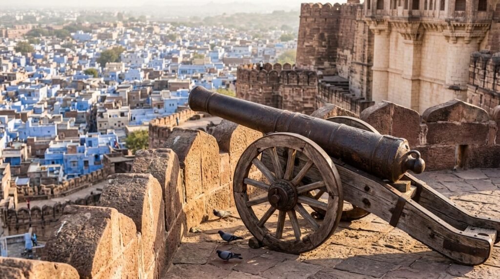 Old cannon on ramparts overlooking the blue city