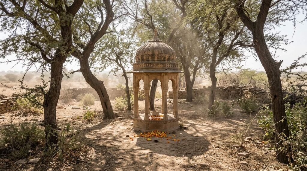Stone memorial in a sacred khejri tree grove