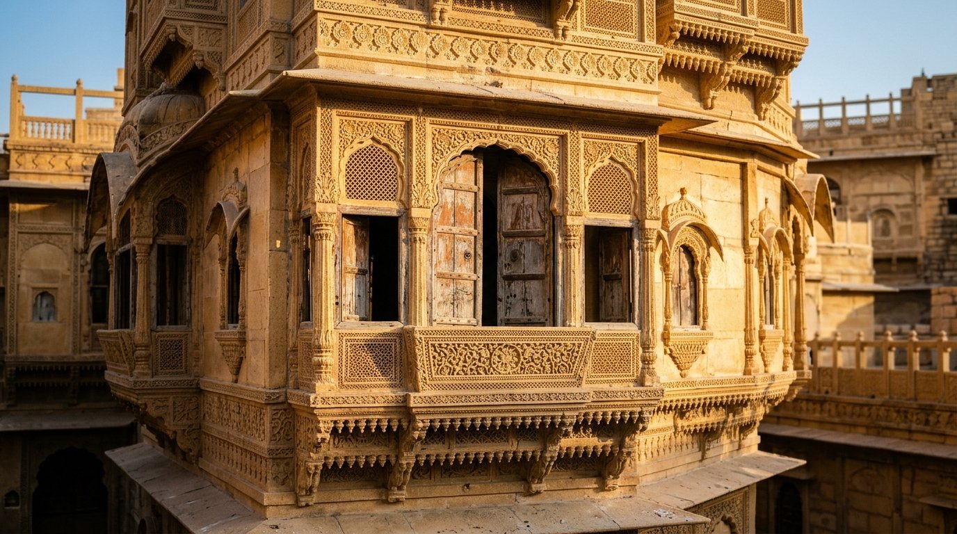A carved haveli balcony with old wooden shutters