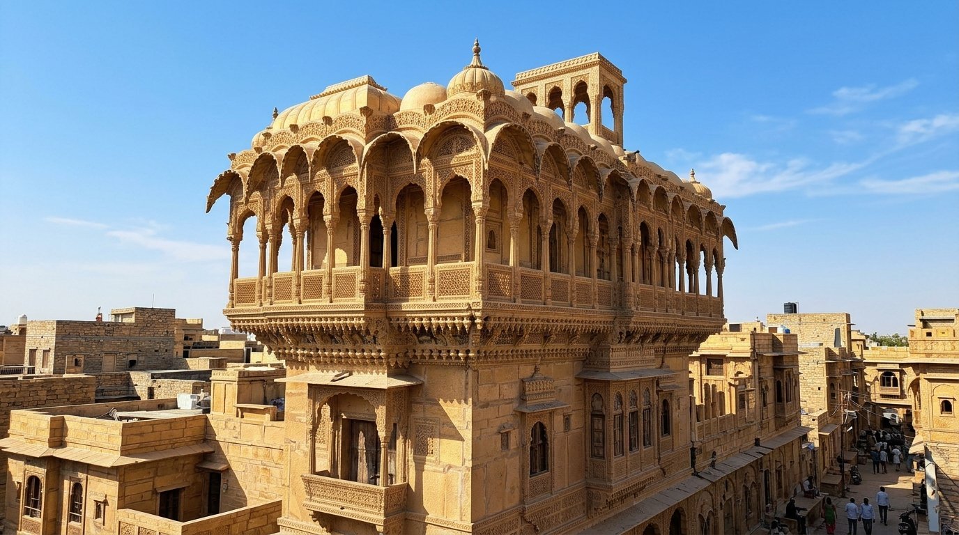 A haveli facade with bulging ship-prow balconies and carved brackets