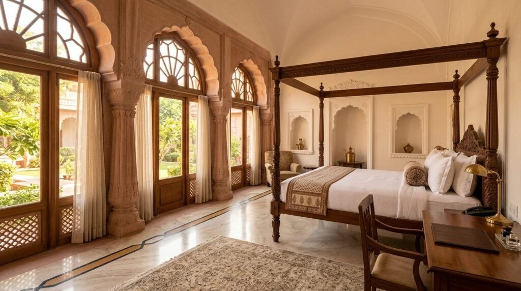 Art-deco palace suite with tall windows and garden view