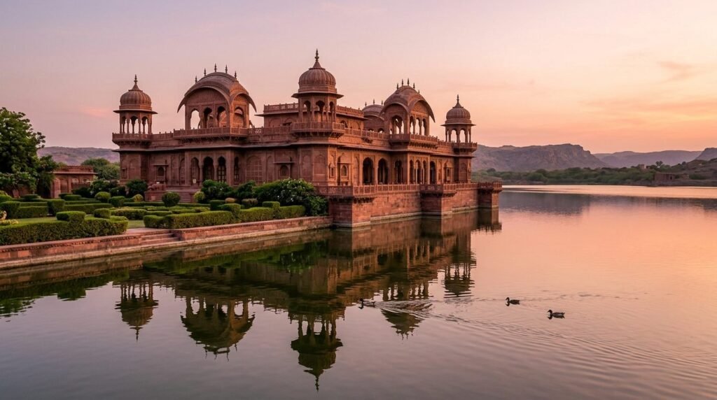 Sandstone lake palace with gardens reflected at dusk