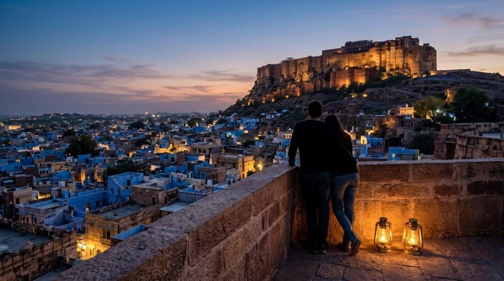 Couple silhouetted at a dusk viewpoint above the city