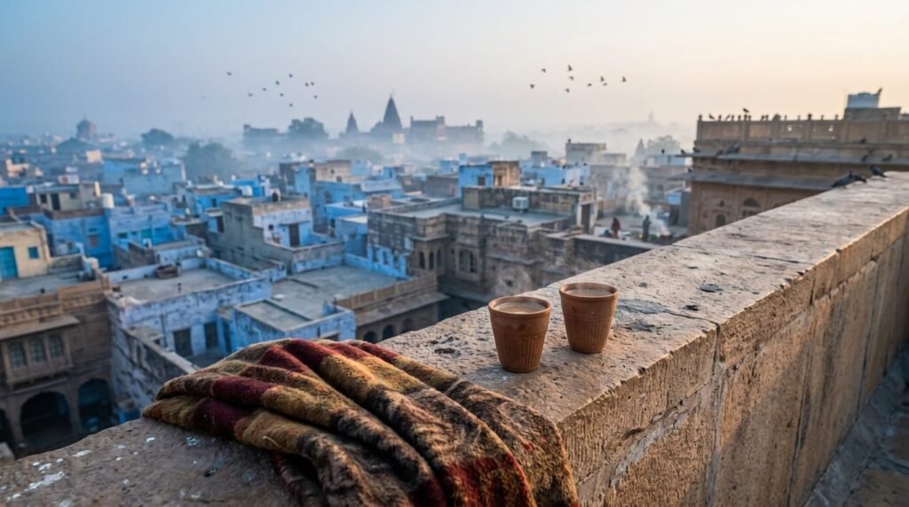 Two chai glasses on a rooftop parapet above the old city