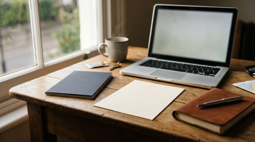 Passport and printed approval on a desk with a laptop