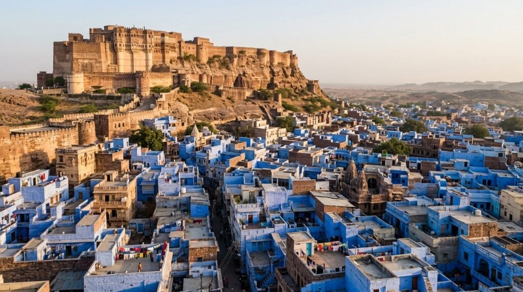 A striking heritage scene of warm sandstone architecture above a dense blue-wash