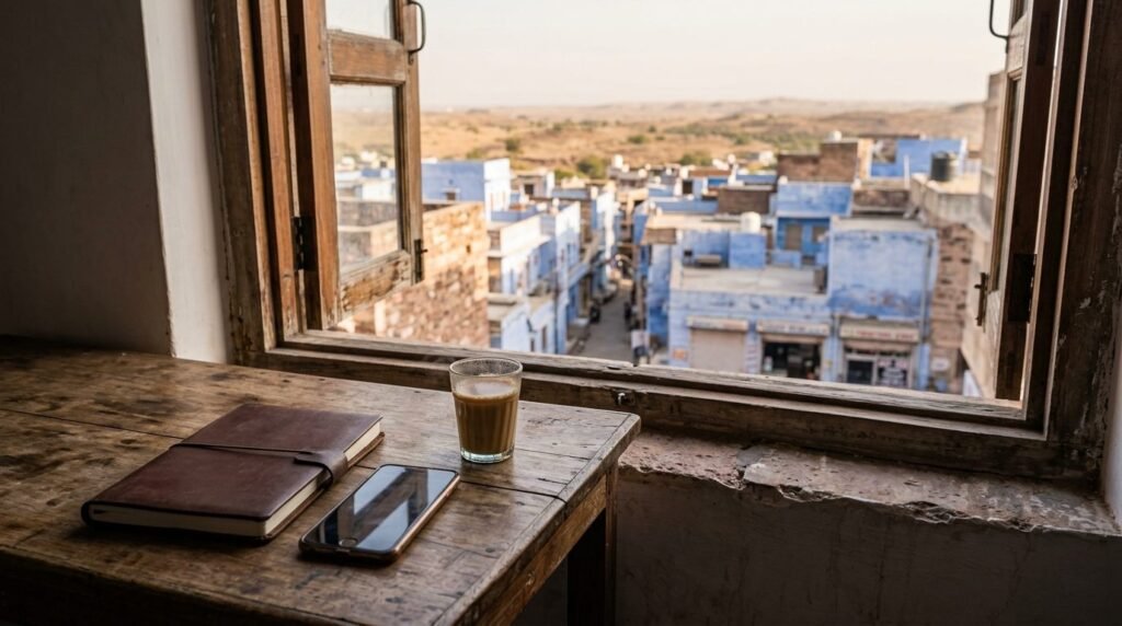 A practical travel scene: a notebook, phone and chai on a guesthouse desk with a