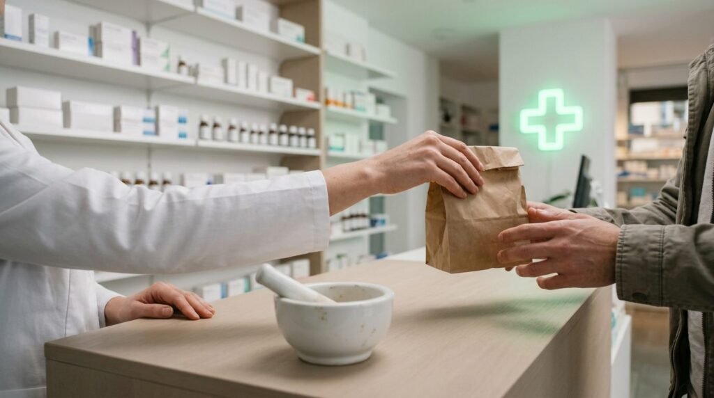 Pharmacy counter with medicine shelves and a green cross