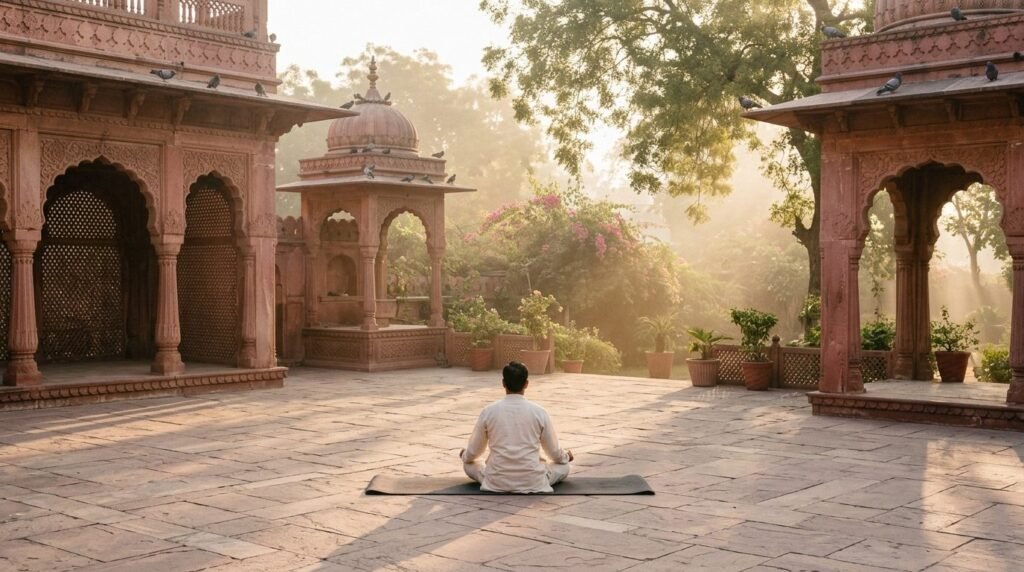 Yoga mat in a garden courtyard at sunrise