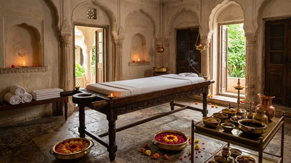 Ayurvedic spa still-life with oils, flowers and a massage table