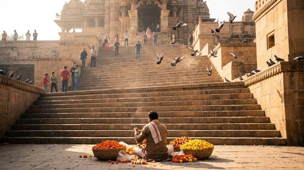 Sunlit temple steps with pigeons and flower sellers