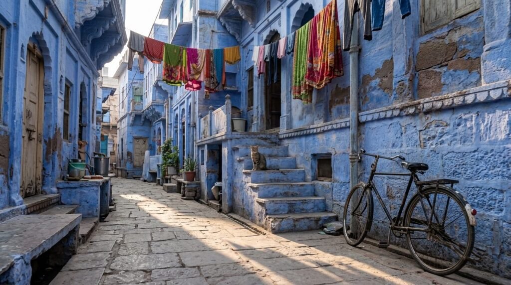 Quiet backstreet with a single cat in the morning