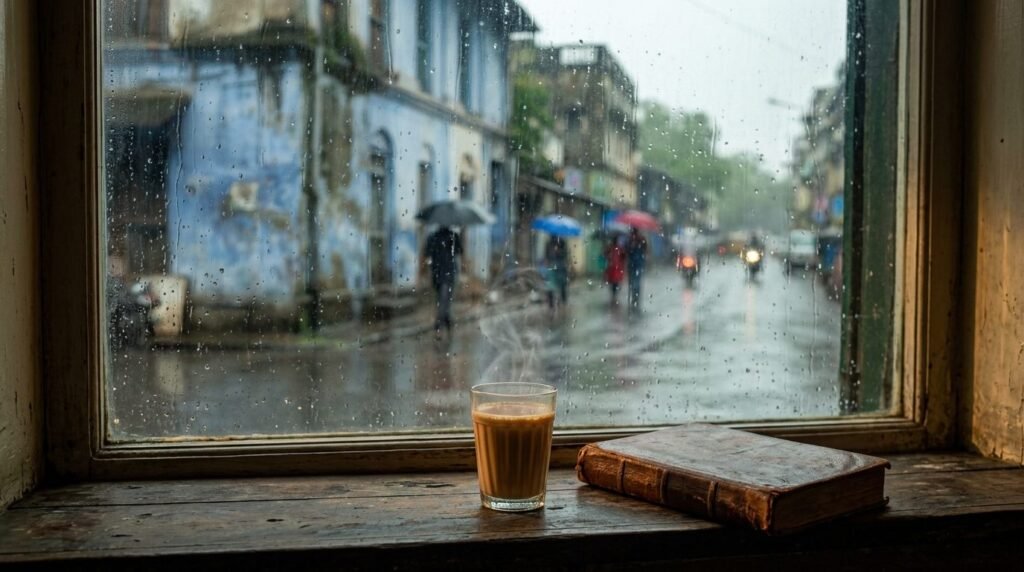 Rain on a cafe window with chai and a monsoon street