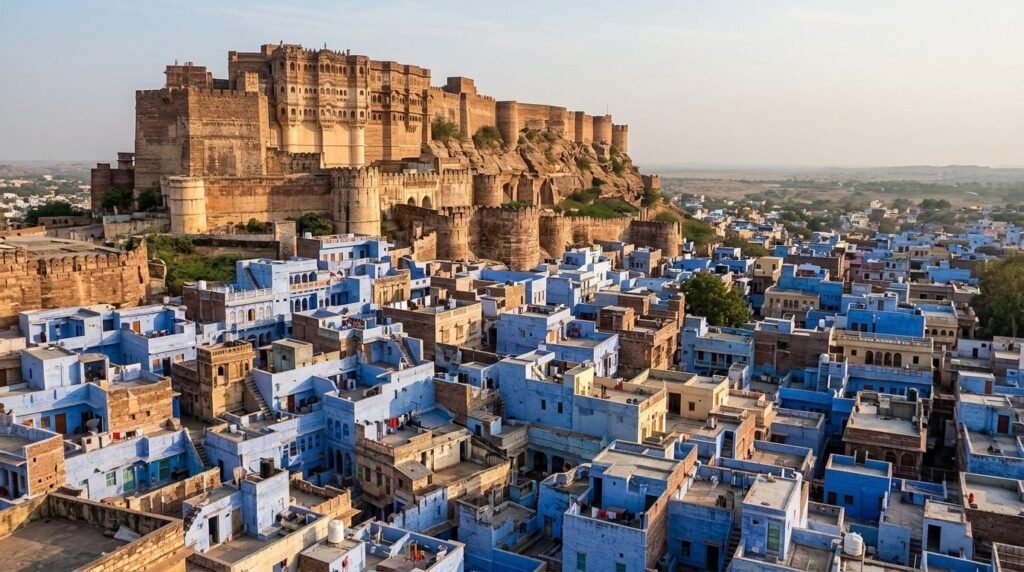 A striking heritage scene of warm sandstone architecture above a dense blue-wash