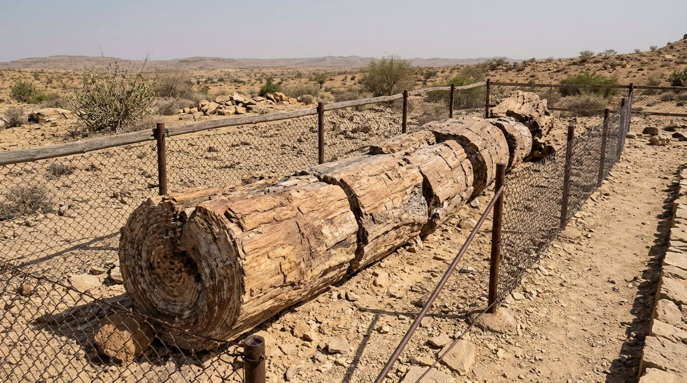 A horizontal fossilised log section in a fenced enclosure