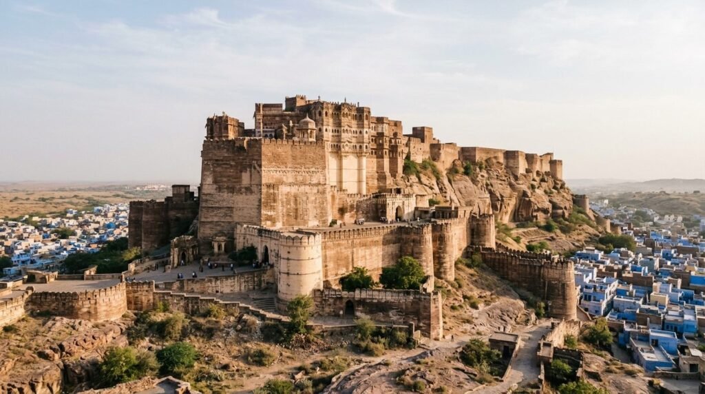 A massive hilltop fort with towering ramparts and bastions