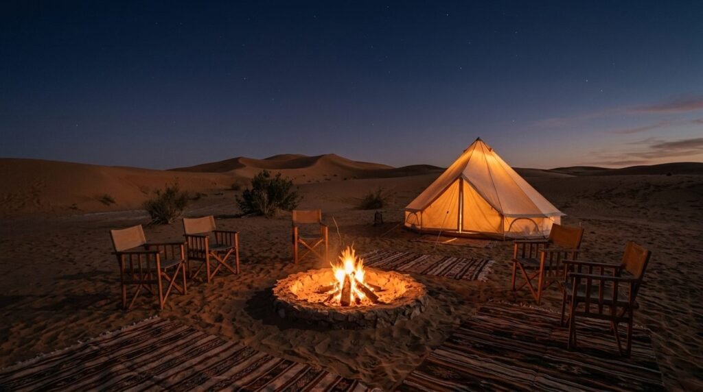 Desert camp with tent glow and a campfire circle