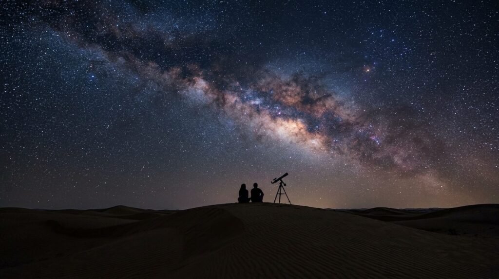 Telescope silhouette on a dune under the Milky Way